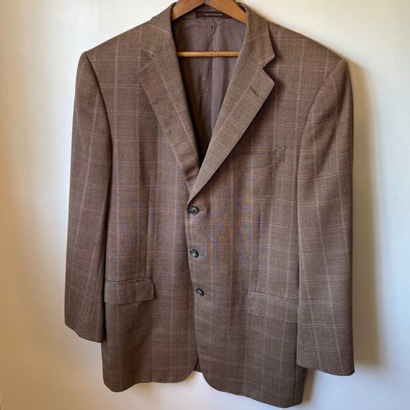 Vintage Zegna Brown Windowpane Plaid Tweed Blazer - Picture 2 of 7